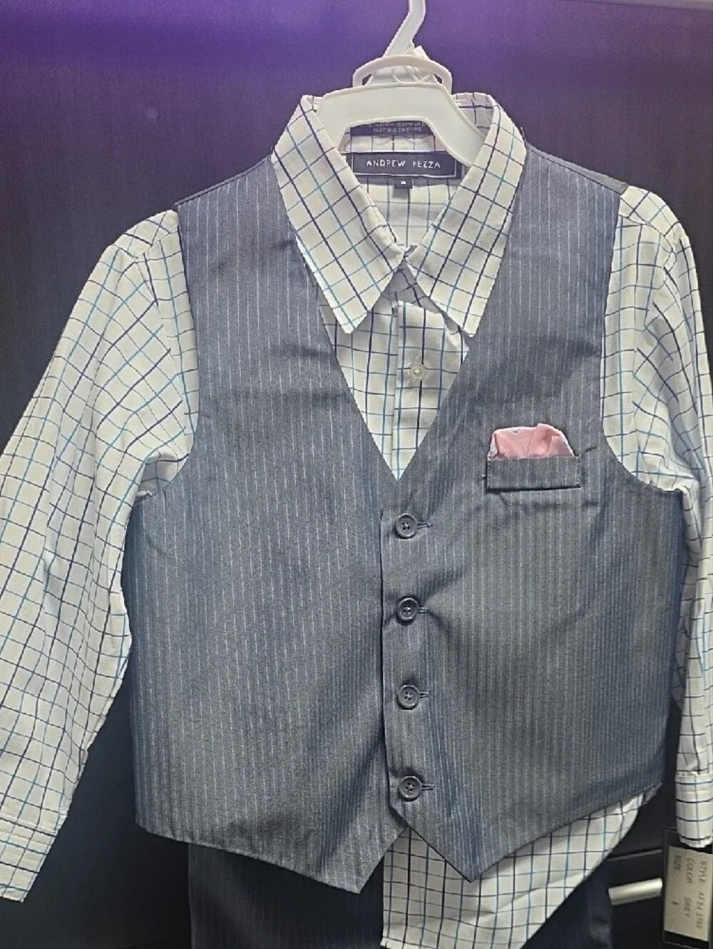 Andrew Fezza Boys' Gray Pinstriped Vest & Pants Set with Pink Pocket Square